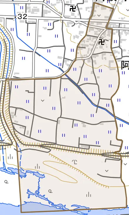 阿波町三本柳とその周辺の地図。町の範囲を重ねている