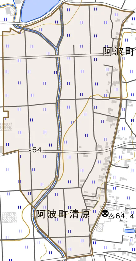 阿波町清原とその周辺の地図。町の範囲を重ねている