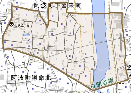 阿波町下喜来南とその周辺の地図。町の範囲を重ねている