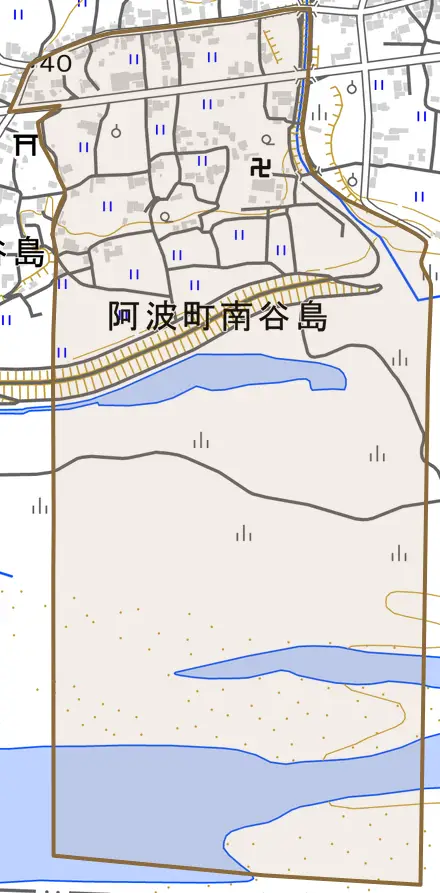 阿波町谷島とその周辺の地図。町の範囲を重ねている