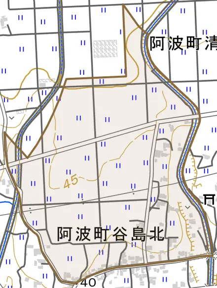 阿波町谷島北とその周辺の地図。町の範囲を重ねている
