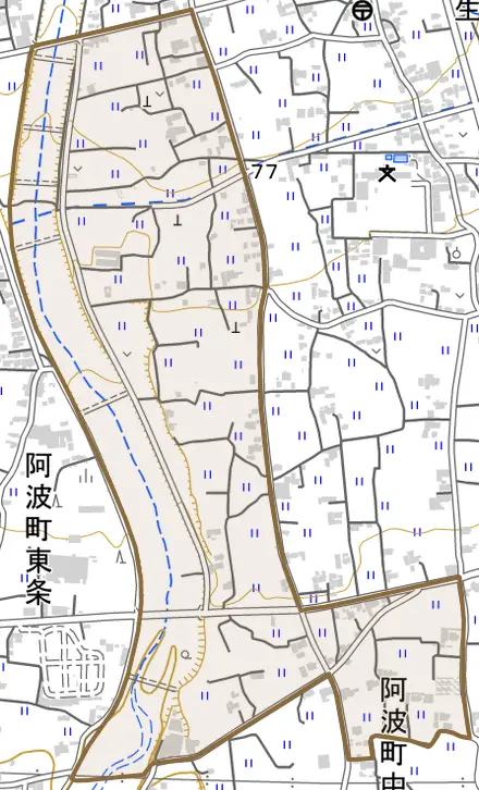 阿波町綱懸とその周辺の地図。町の範囲を重ねている