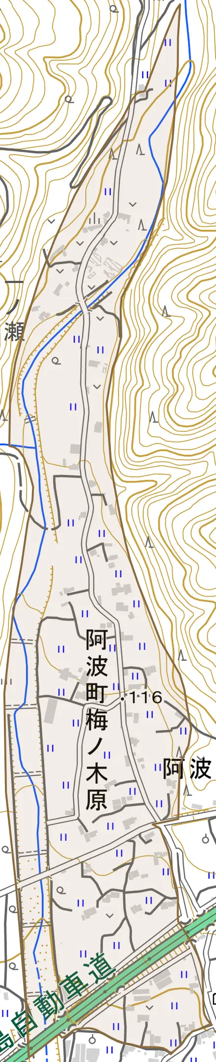 阿波町梅ノ木原とその周辺の地図。町の範囲を重ねている