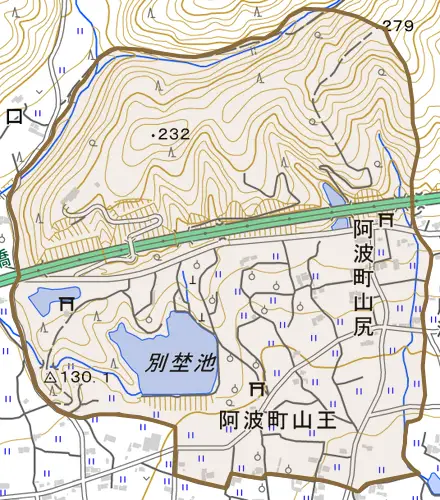 阿波町山尻とその周辺の地図。町の範囲を重ねている