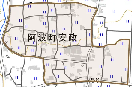 阿波町安政とその周辺の地図。町の範囲を重ねている