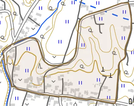 阿波町善地とその周辺の地図。町の範囲を重ねている