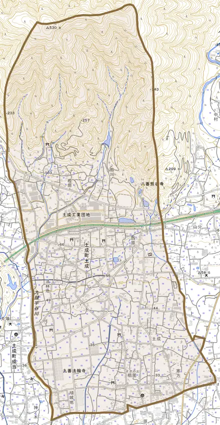 土成町土成とその周辺の地図。町の範囲を重ねている