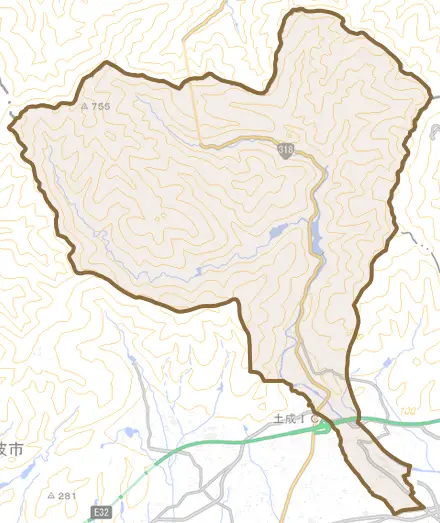土成町宮川内とその周辺の地図。町の範囲を重ねている