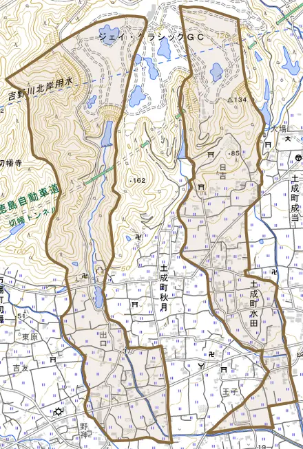 土成町水田とその周辺の地図。町の範囲を重ねている