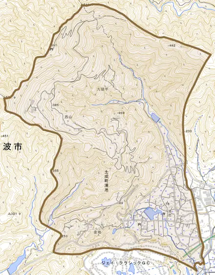 土成町浦池とその周辺の地図。町の範囲を重ねている