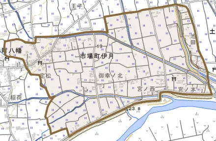 市場町伊月とその周辺の地図。町の範囲を重ねている