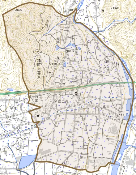 市場町上喜来とその周辺の地図。町の範囲を重ねている