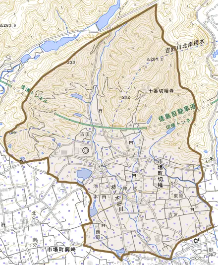 市場町切幡とその周辺の地図。町の範囲を重ねている