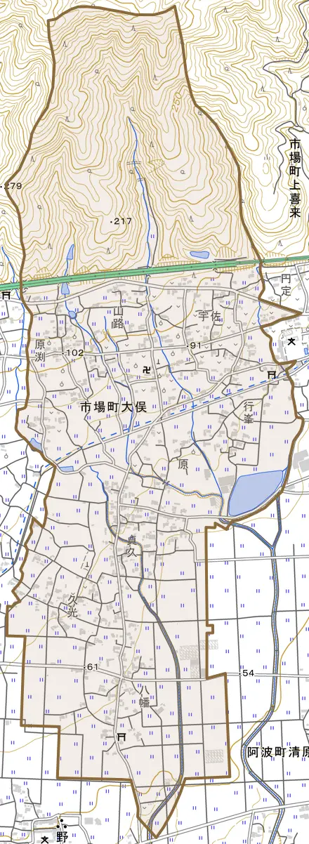 市場町大俣とその周辺の地図。町の範囲を重ねている