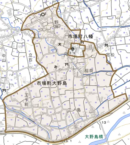 市場町大野島とその周辺の地図。町の範囲を重ねている