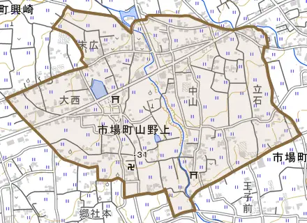 市場町山野上とその周辺の地図。町の範囲を重ねている