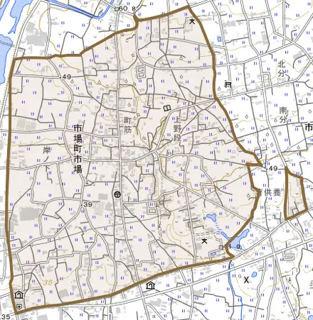 市場町市場とその周辺の地図。町の範囲を重ねている
