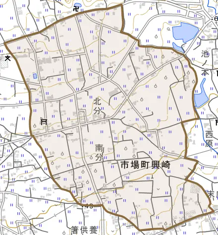 市場町興崎とその周辺の地図。町の範囲を重ねている