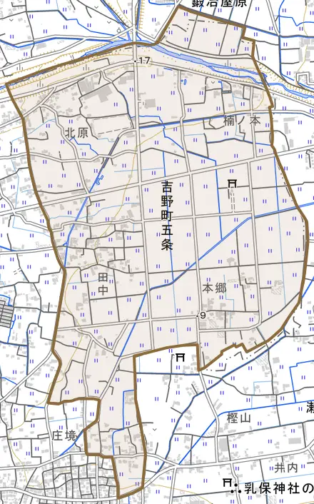 吉野町五条とその周辺の地図。町の範囲を重ねている