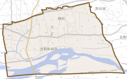 吉野町柿原とその周辺の地図。町の範囲を重ねている