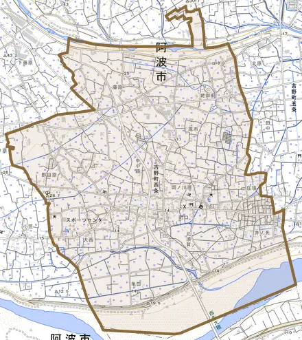 吉野町西条とその周辺の地図。町の範囲を重ねている