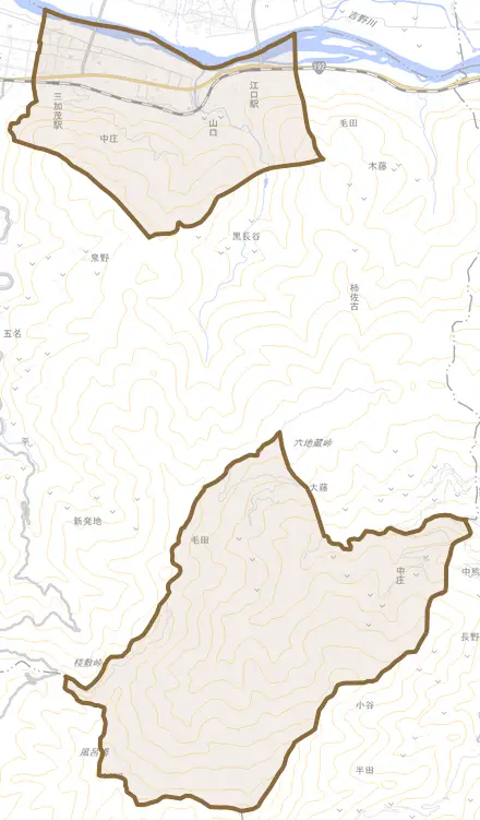 中庄とその周辺の地図。町の範囲を重ねている