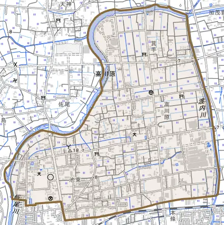 高川原とその周辺の地図。町の範囲を重ねている