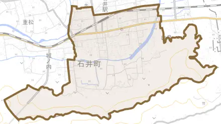 石井とその周辺の地図。町の範囲を重ねている