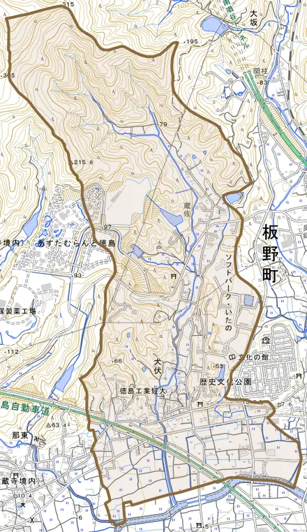 犬伏とその周辺の地図。町の範囲を重ねている