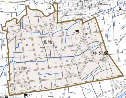 中久保とその周辺の地図。町の範囲を重ねている