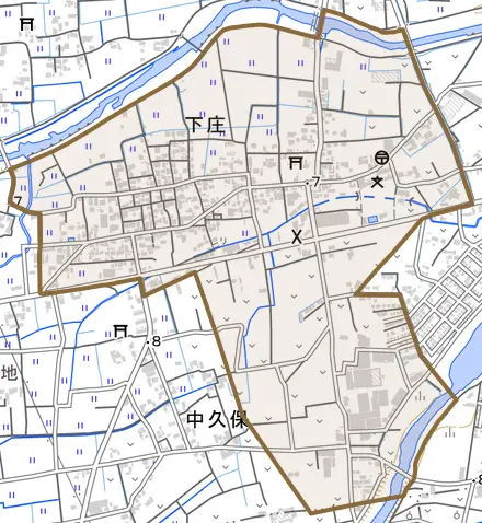 下庄とその周辺の地図。町の範囲を重ねている