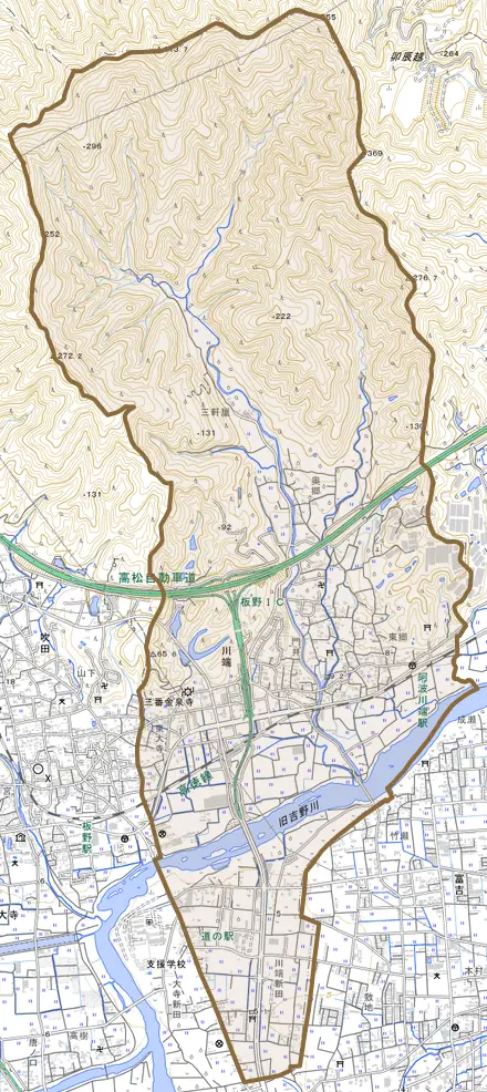 川端とその周辺の地図。町の範囲を重ねている