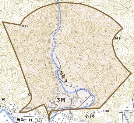 広岡とその周辺の地図。町の範囲を重ねている