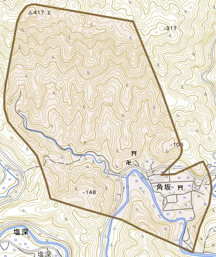 角坂とその周辺の地図。町の範囲を重ねている