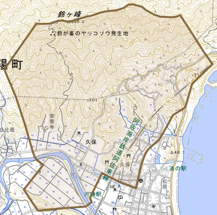 久保とその周辺の地図。町の範囲を重ねている