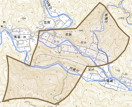 芥附とその周辺の地図。町の範囲を重ねている