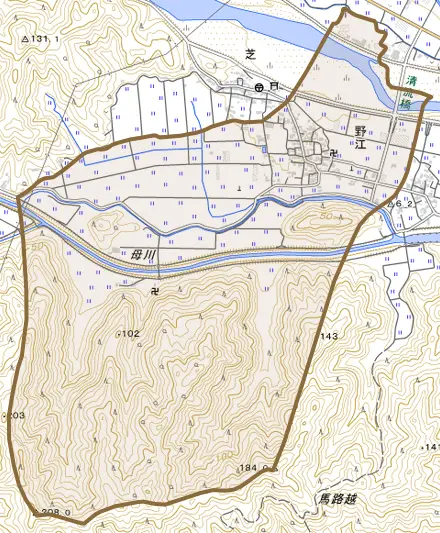 野江とその周辺の地図。町の範囲を重ねている