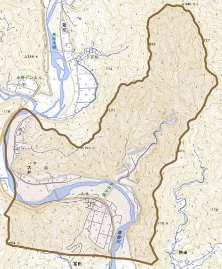 大井とその周辺の地図。町の範囲を重ねている