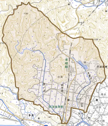 四方原とその周辺の地図。町の範囲を重ねている