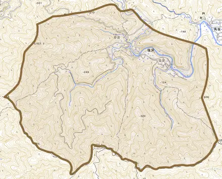 塩深とその周辺の地図。町の範囲を重ねている