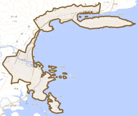 宍喰浦とその周辺の地図。町の範囲を重ねている