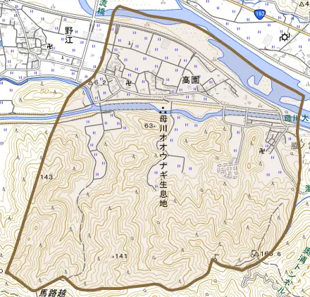 高園とその周辺の地図。町の範囲を重ねている