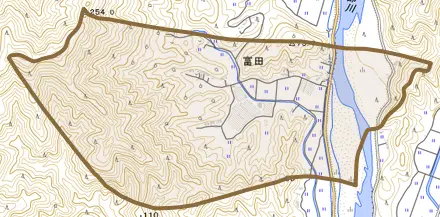 富田とその周辺の地図。町の範囲を重ねている