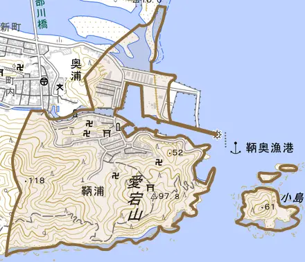 鞆浦とその周辺の地図。町の範囲を重ねている