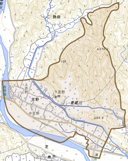 吉野とその周辺の地図。町の範囲を重ねている