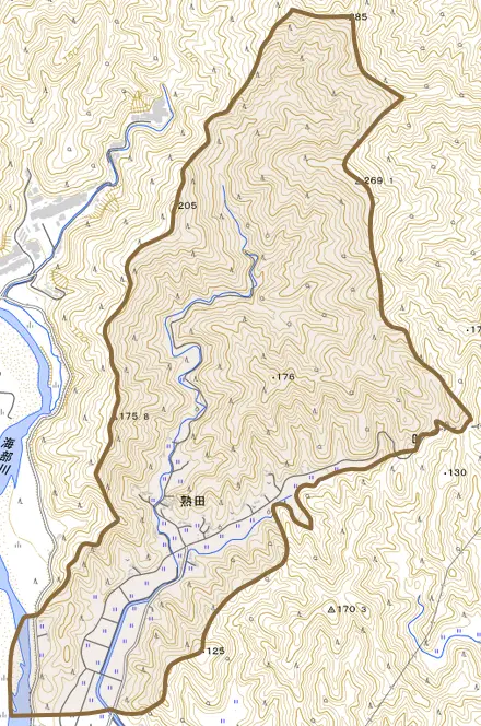 熟田とその周辺の地図。町の範囲を重ねている