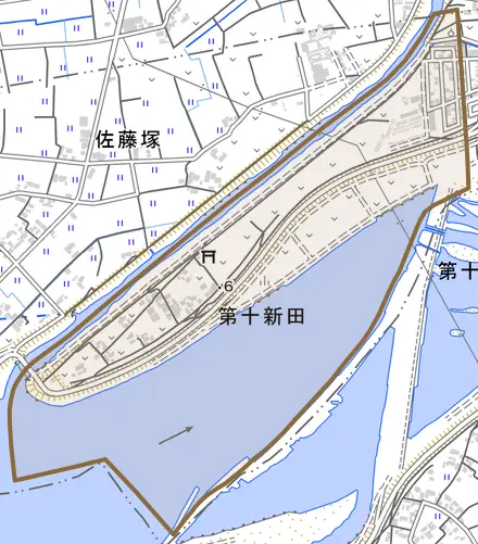 第十新田とその周辺の地図。町の範囲を重ねている