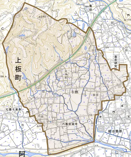 引野とその周辺の地図。町の範囲を重ねている