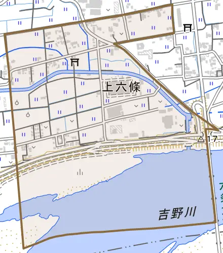 上六條とその周辺の地図。町の範囲を重ねている