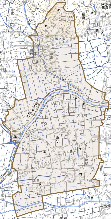 西分とその周辺の地図。町の範囲を重ねている
